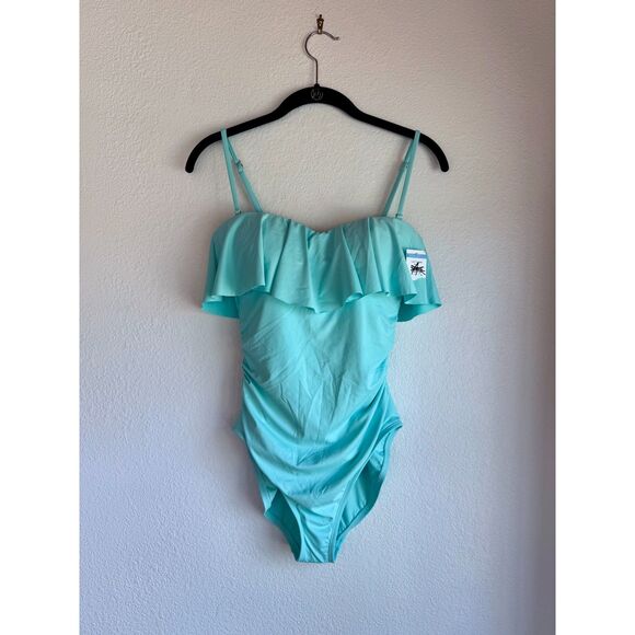 NWT La Blanca Island Goddess Ruffled Bandeau One Piece Swimsuit in Seafoam Sz 8 - Picture 5 of 14